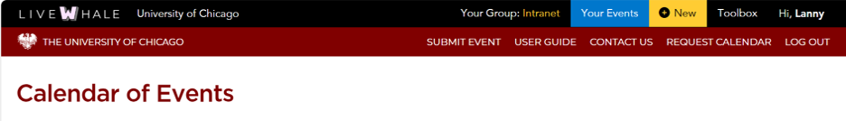 Ribbons at the top of the Calendar Events page in the LiveWhale system once a user has logged in
