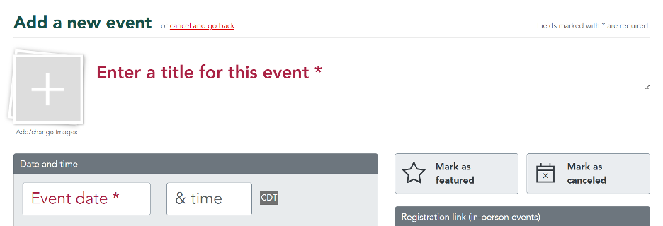 Screen for creating a new event in the LiveWhale system