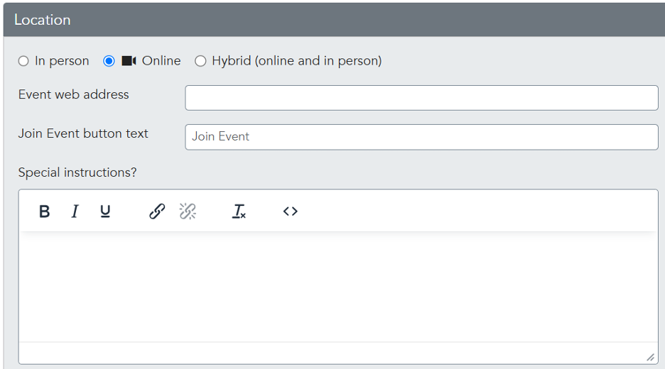 Input fields for entering an event location details