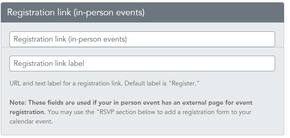 Input fields for entering an external registration link