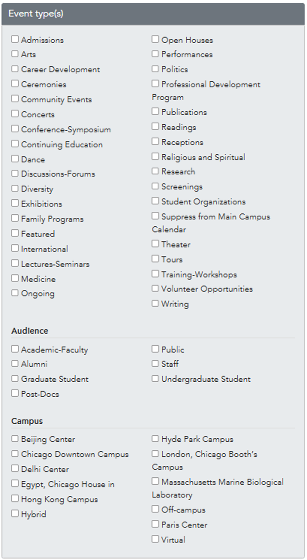 fields for selecting event types, audience, and campus