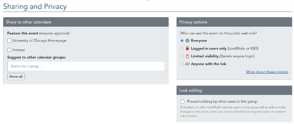 Radio buttons for choosing privacy options and a checkbox for locking editing on an event