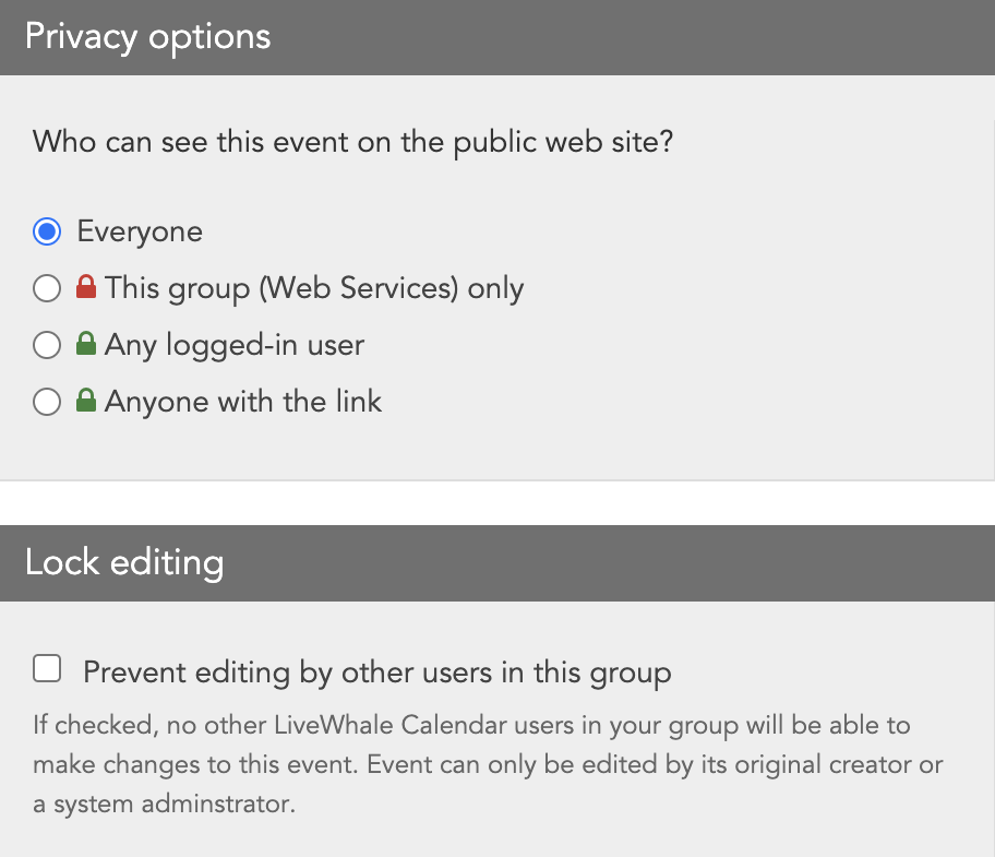 Radio buttons for choosing privacy options and a checkbox for locking editing on an event