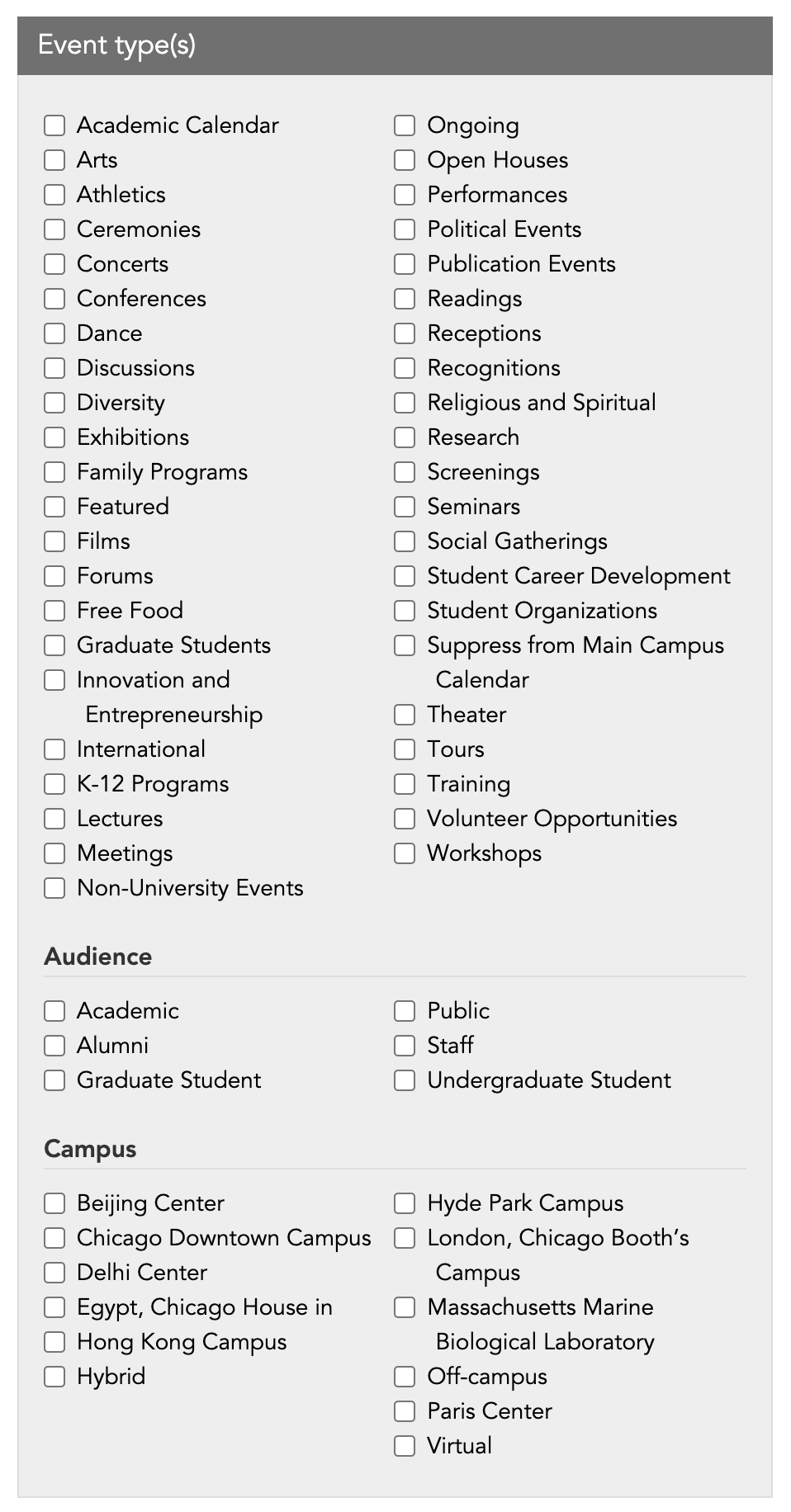 Event types, including target audience and campus