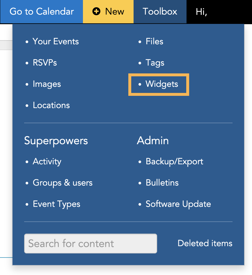 Menu showing how to get to the Widgets builder