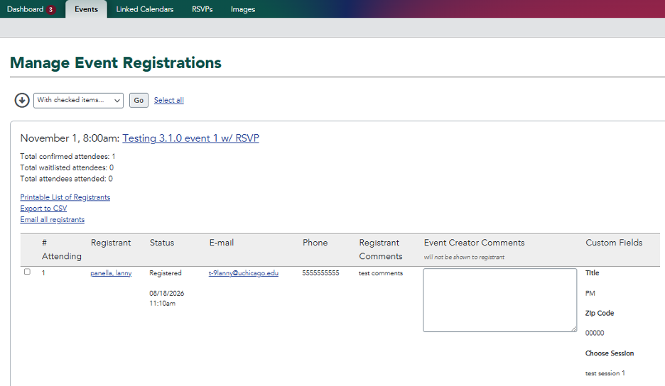 Dashboard for managing event RSVP's